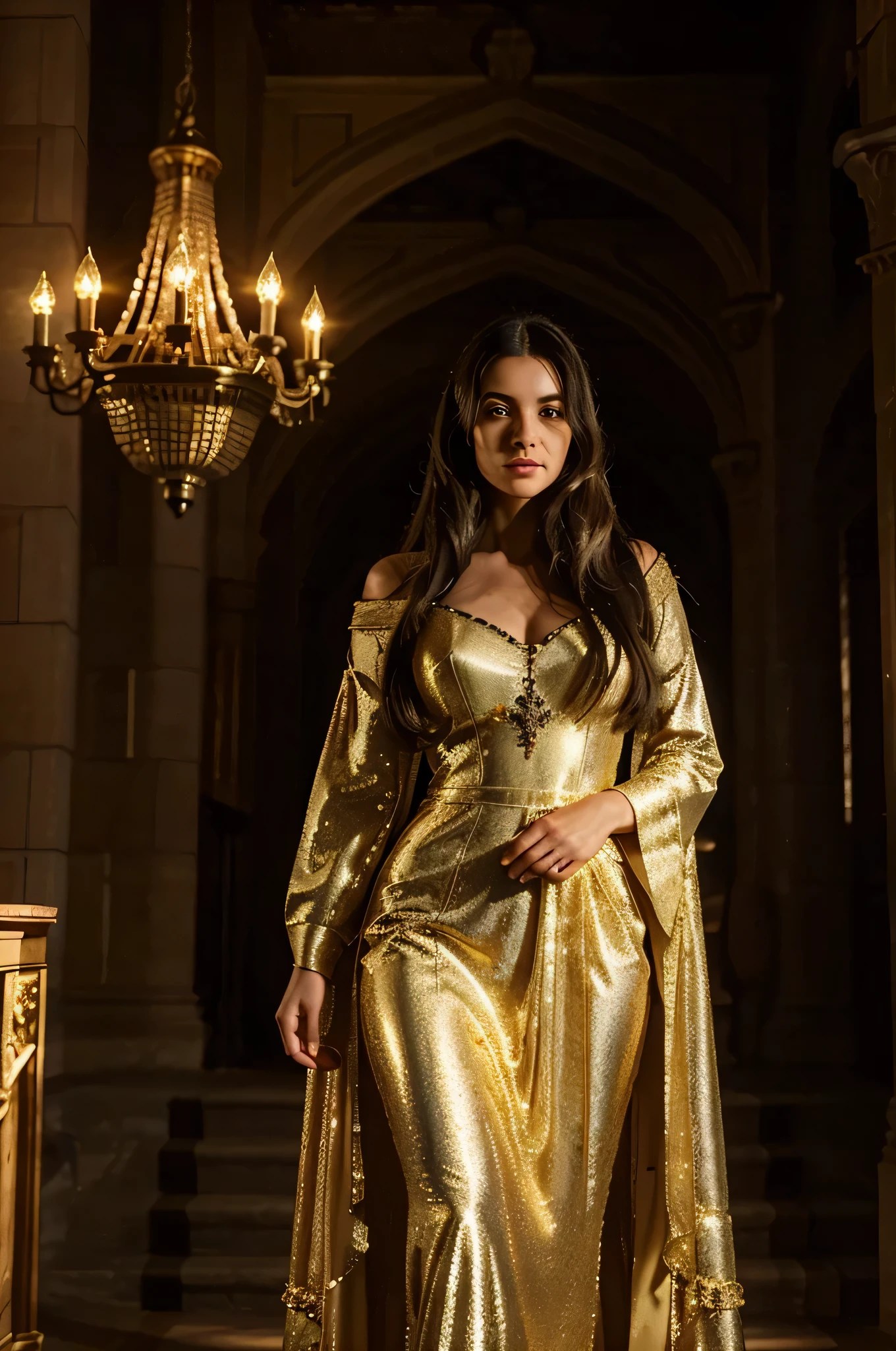 A woman with long, dark hair, dressed in a shimmering gold gown, stands in the grand hall of a medieval castle. The room is dimly lit by large chandeliers, casting a warm glow on the stone walls and ornate tapestries. She stands confidently on a set of stone stairs, with the intricate details of her gown catching the light as she looks off into the distance.”