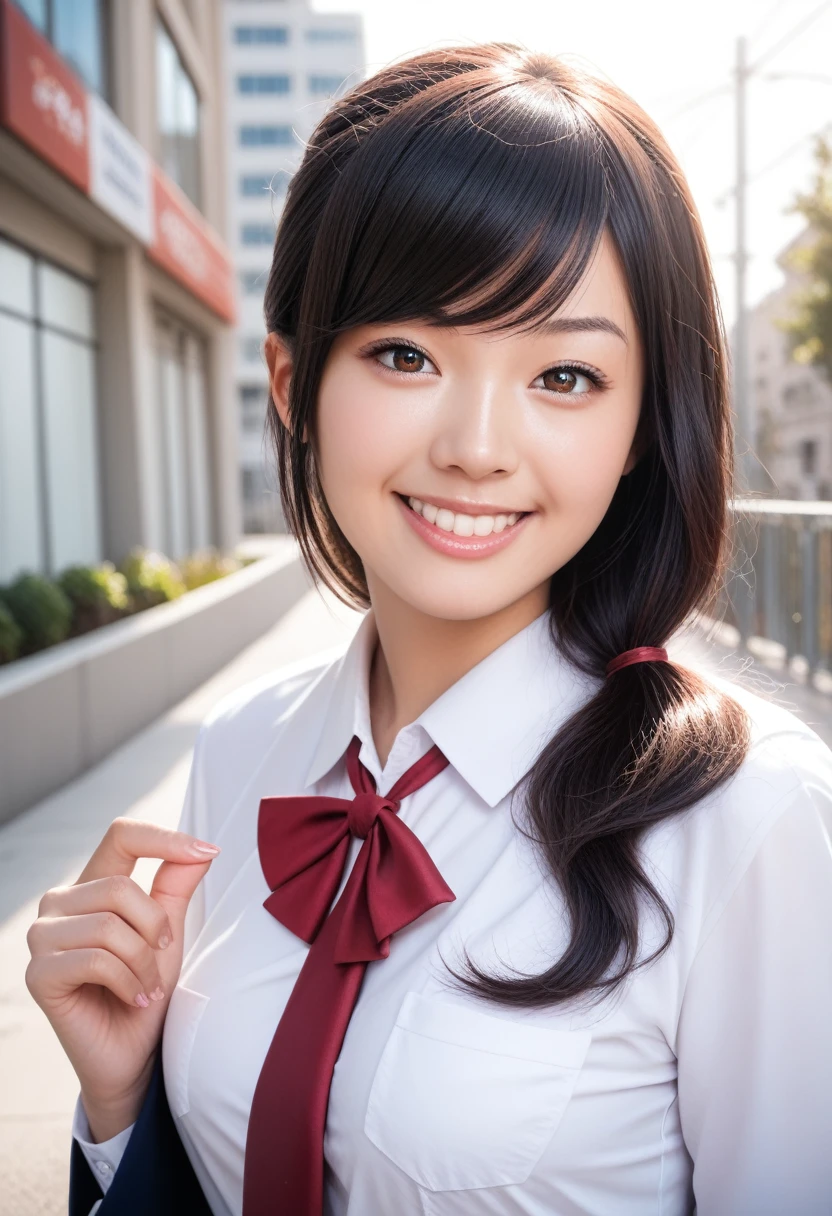 8k, raw photo, best quality, masterpiece, realistic, photo realistic, clear, professional lighting, beautiful face, best quality,ultra high res, realistic japanese beautiful, Super detailed, detailed fingers, solo, 1girl, swept bangs, shiny hair, detailed hair, medium breasts, curvy, scenery, school uniform, city, grin