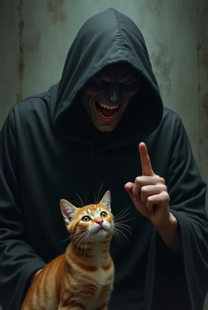 A creepy smart man wearing a black hoodie is showing a ginger cat the finger and laughing loudly.