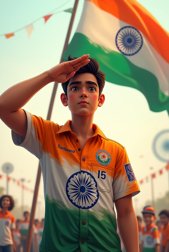 A 20 years old boy salutes the national flag of bharat and he is wearing a shirt print is like bharat flag and "santawana" and 15 number and independence day in small is written on it's back in big and bold fonts, 3d illustration