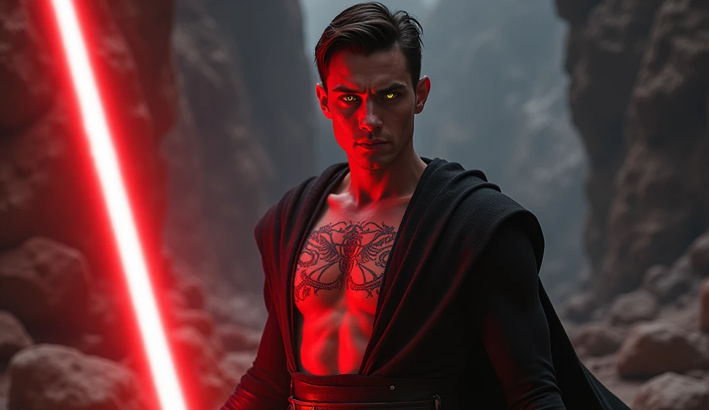 Ben Skywalker, sith lord, young, yellow sith eyes, short hair, shirtless