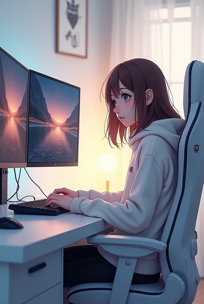 A brown-haired anime girl with white skin wearing a white long-sleeved sweater is sitting in a gaming chair playing a game, looking at a white dual-screen PC. 