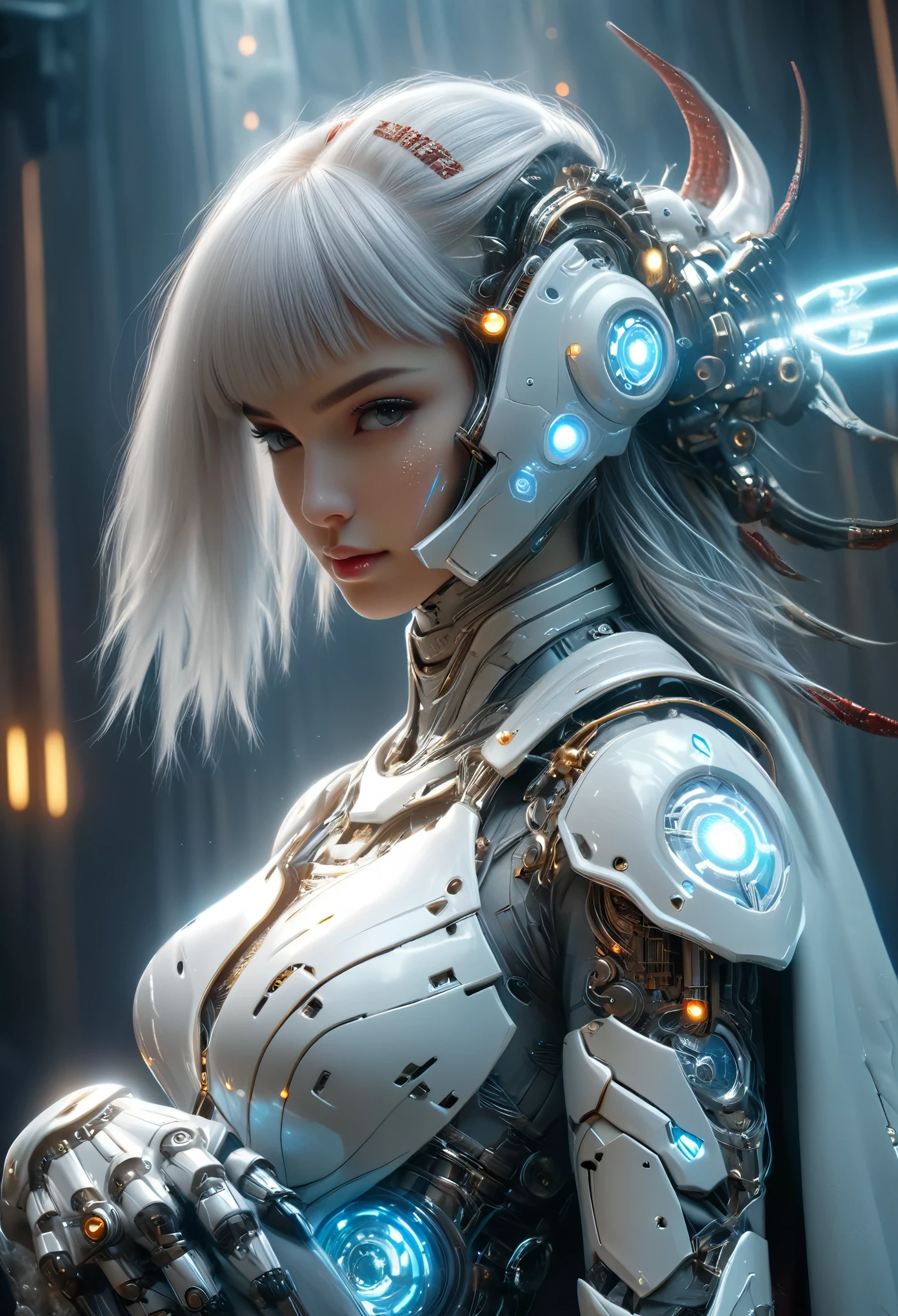 (Best Quality, 4K, 8K, High Resolution, Masterpiece: 1.2), (Super Detailed, Realistic, Photorealistic:1.37), A woman in futuristic clothing, (erotic and sexy:1.4), Trending on cgstation, Trending on cgstation, (Portrait of a girl in the Knights of the Zodiac:1.4), (blunt bangs:1.7), Cute Cyborg Girl, Perfect android girl, Portrait Astronaut Girl, Beautiful girl cyborg, Girl wearing white mechanical cyber armor, Game CG, cgsociety and fenghua zhong, Beautiful Cyborg Shrine Maiden, Bioluminescence, (Gal Gadot:0.6), Anatomically correct grip, Anatomically correct four fingers and one thumb, (long claws:1.4), erotic and sexy, A gorgeous cape with beautifully detailed embroidery, energy ball