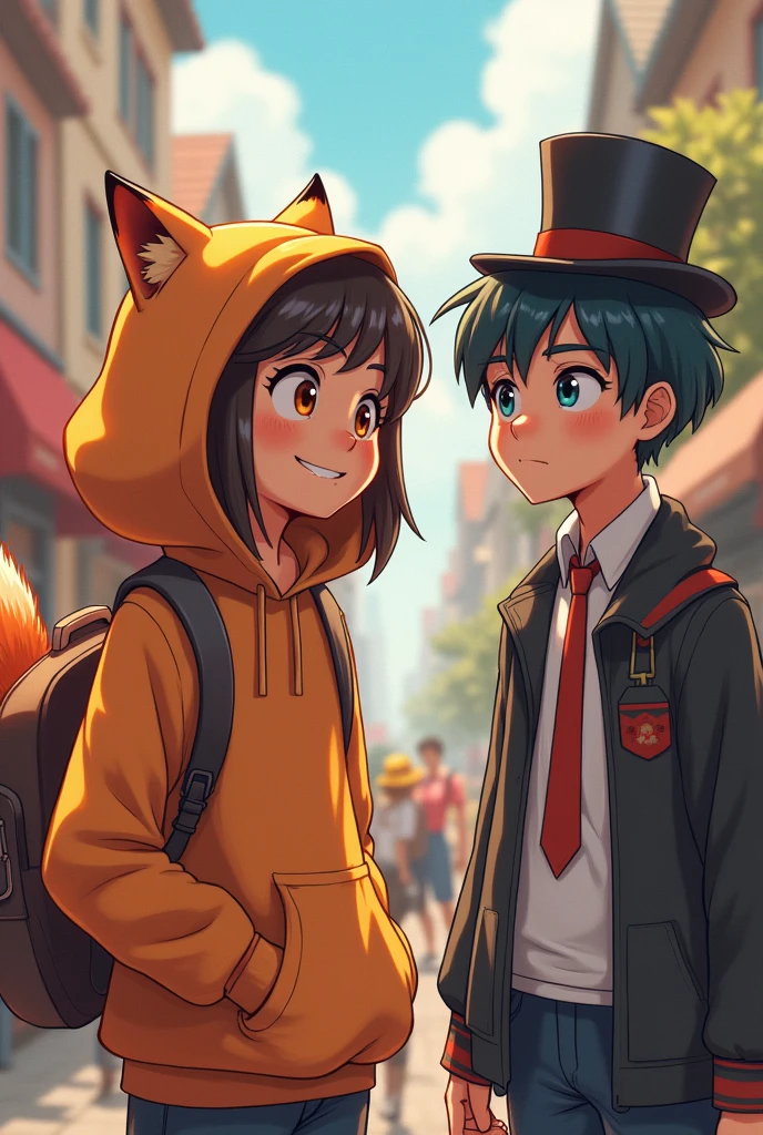 hoodie person is friends with the red fox and the mayor, the red fox is mischief, the mayor is loyal and helpful, hoodie person has tie dye hair, the mayor has a top hat