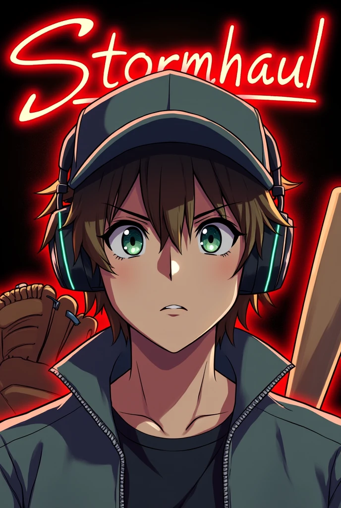 image avec un adulte homme cheveux court avec les yeux marron fondu vert dessine dans le style animation japonaise avec une casquette et un casque de jeu vidéo. il y a écrit stormhaul en fond avec des néons avec les couleurs rouge et noir . on peut y voit un gants de baseball et une batte de baseball derrière  