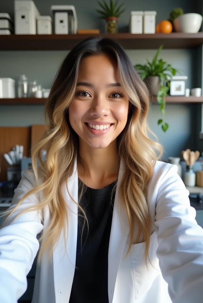 nutritionist with lab coat in her nutrition office, 28y brazilian, blond and black hair, selfie, long hair, front view, centered angle photo, portrait photo, black shirt, hidden smile.