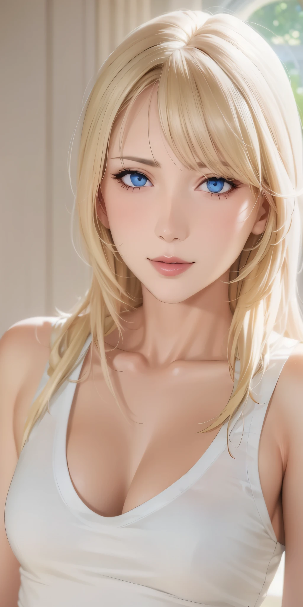 Elegant mature female, milf, blonde hair, bang, blue eyes, soft light, high quality, high detailed, beautiful cg