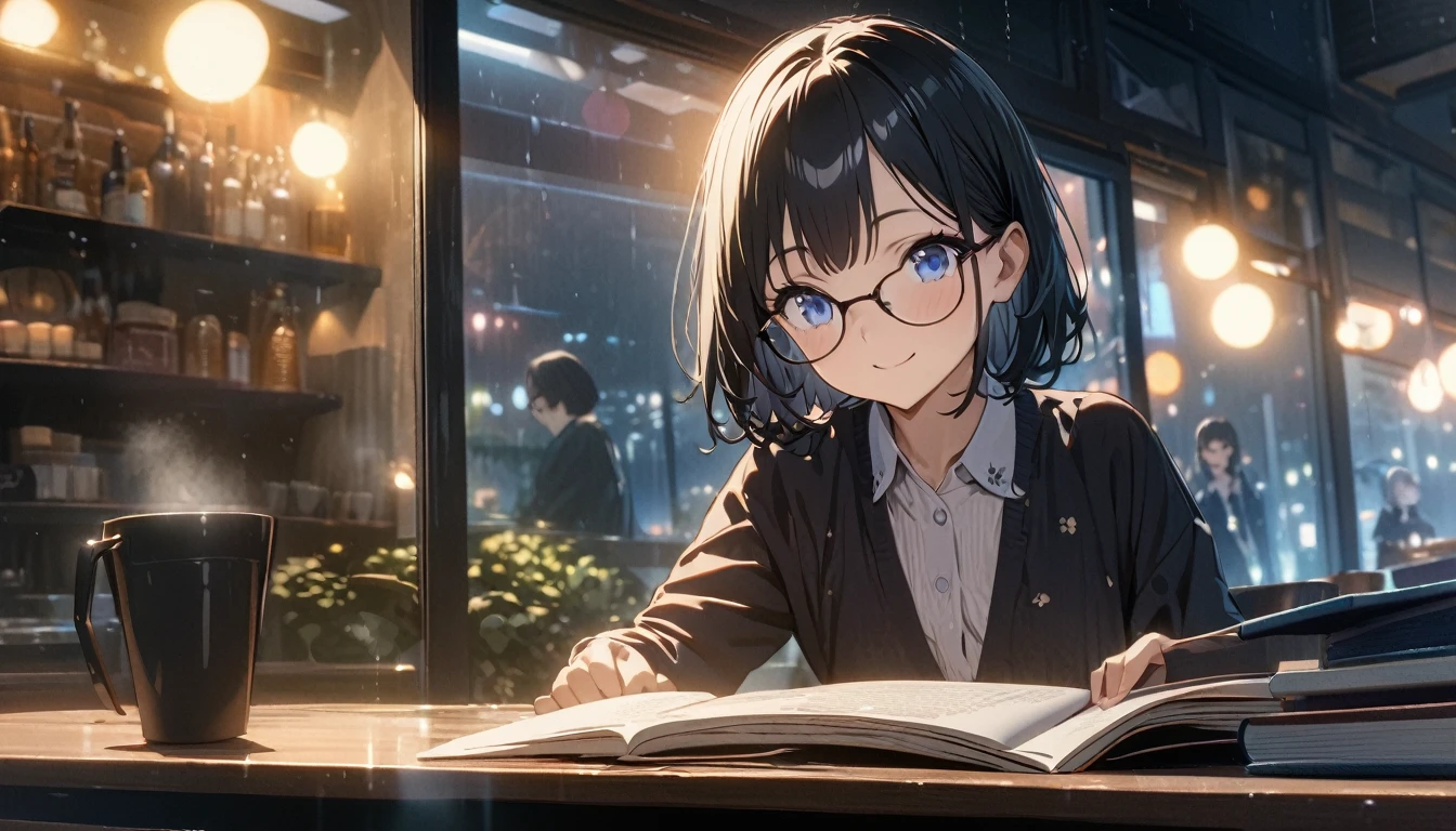 ((ultra-detailed))/(one women with short black hair and bob hair.、beautiful blue eyes,.、smile、gentle smile on her face、flat chest, one Beautiful girl,((masterpiece, illustration, best quality) ((ultra-detailed))/),「In a quiet cafe at night、Outside the window the rain is falling。The character sitting in the corner of the cafe is、Enjoying coffee while reading a book。Characters with glasses,濃い青とBeautiful Blueのグラデーション, High resolution, 8K HD detail, hyper-detail, cinematic, surrealism, soft light, deep field focus bokeh, ray tracing and surrealism. --v6