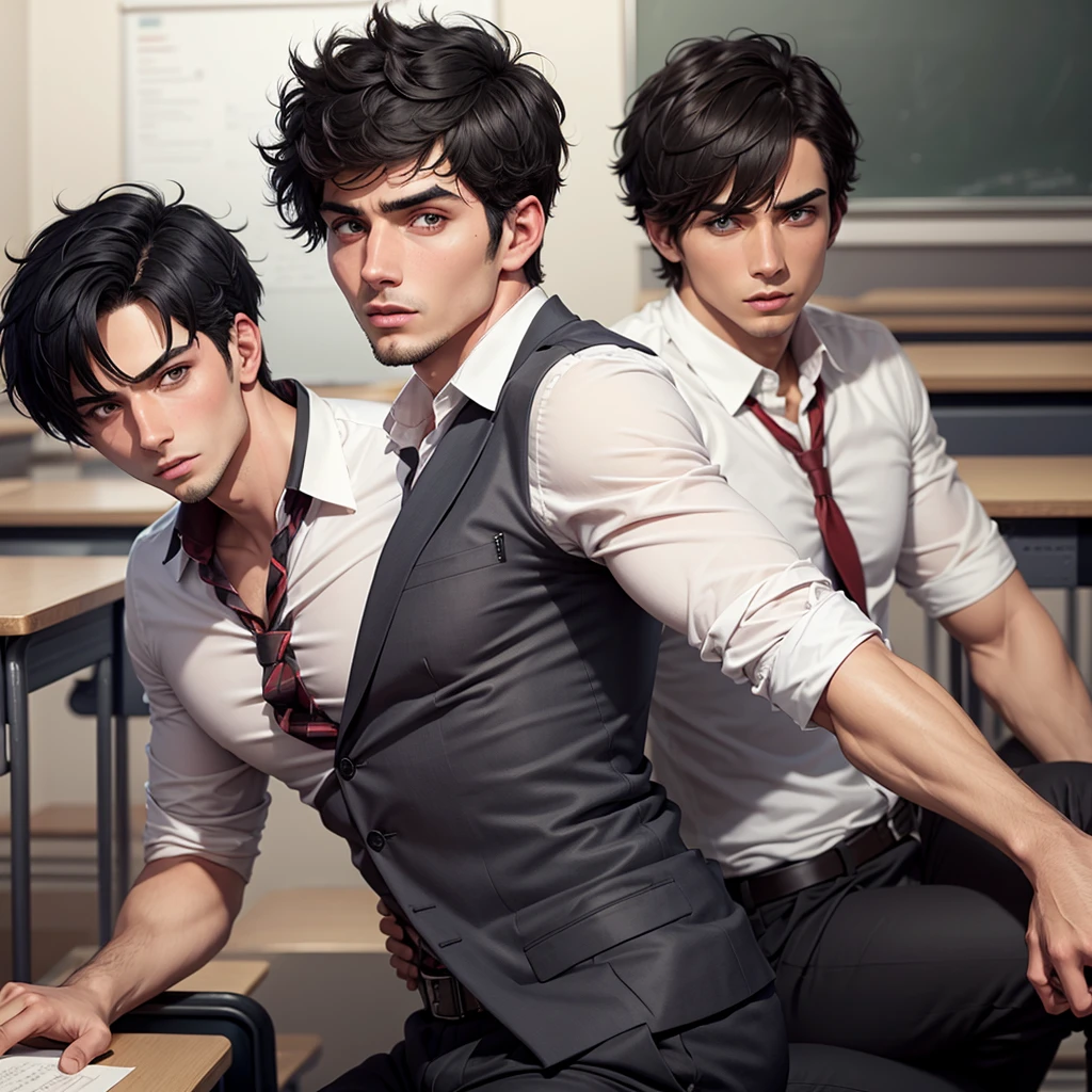 A hot male teacher with black short hair inside a classroom with a crazy look in his face and red eyes