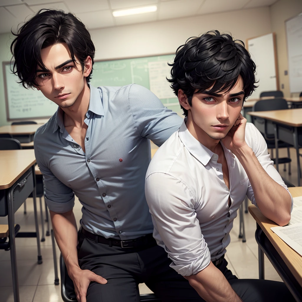 A hot male teacher with black short hair inside a classroom with a crazy look in his face and red eyes