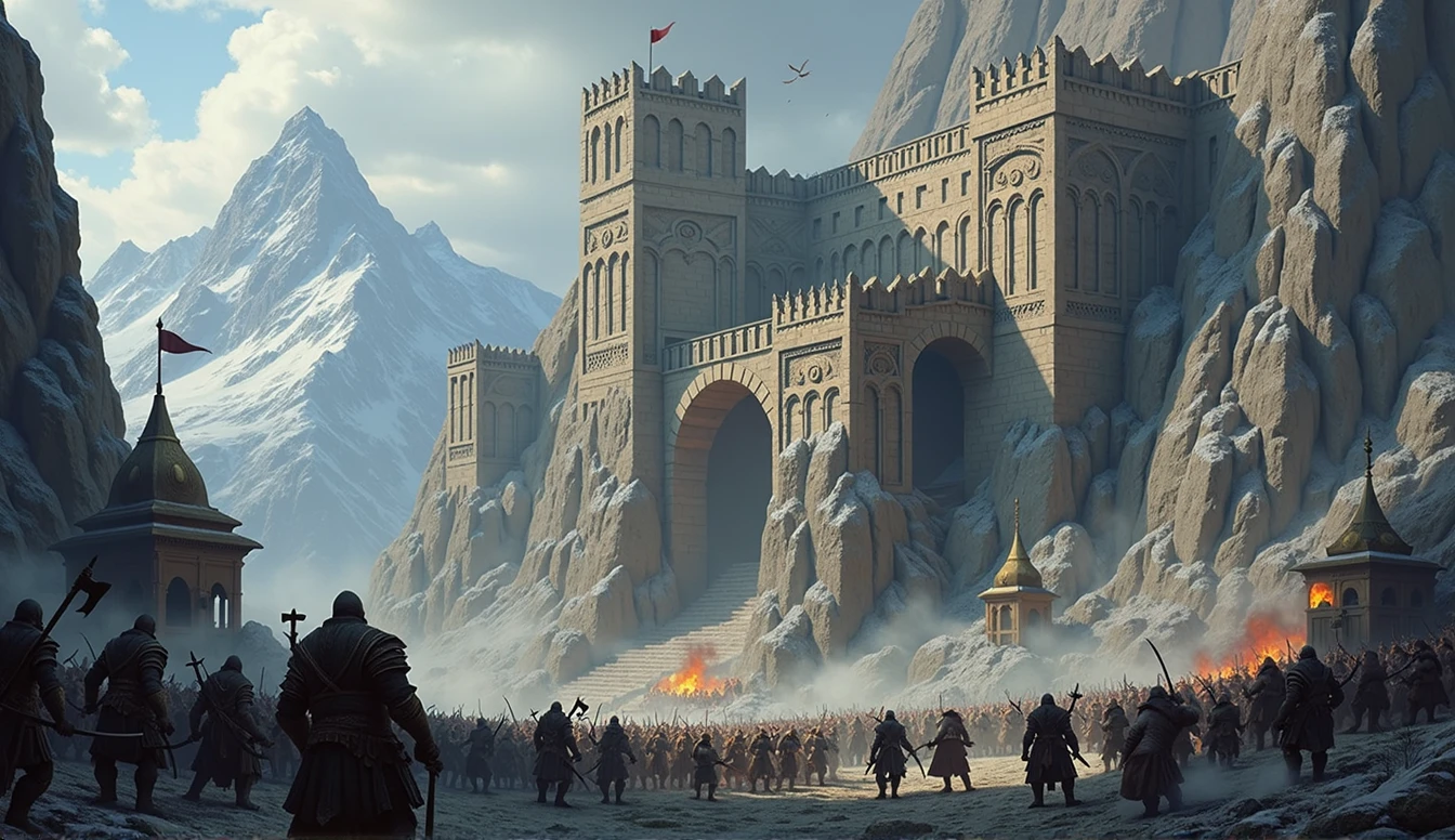 dwarven mountain fortress, built into granite cliff, orcs attacking and dwarves defending, fierce fighting, dynamic action, long view 
