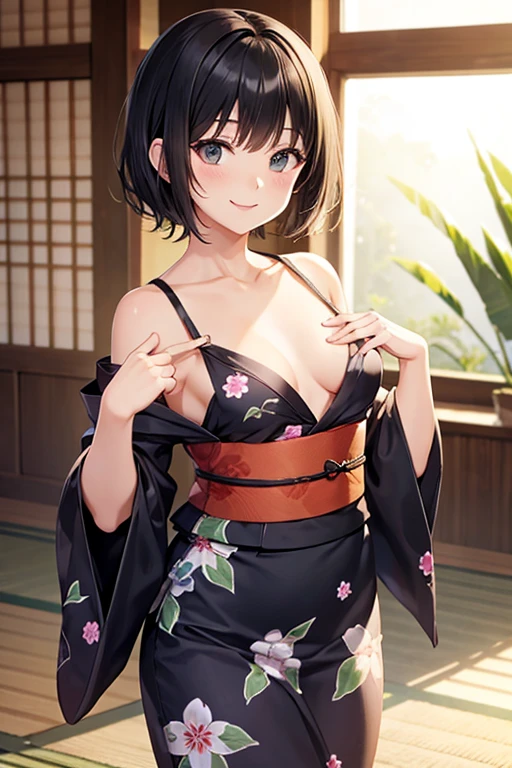Short black hair, blonde ends, yukata, small breasts, chest emphasis, smiling,