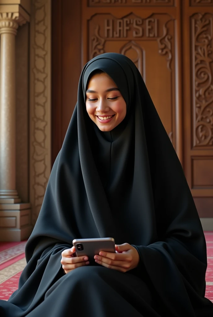 A Muslim girl is in a black burqa and her smile the whole burqa is spread out, wearing a burqa and holding an iPhone style
in her hand, and she is sitting in and background mosque and her
written in the style in capital word in wood (Hafsa writs4).