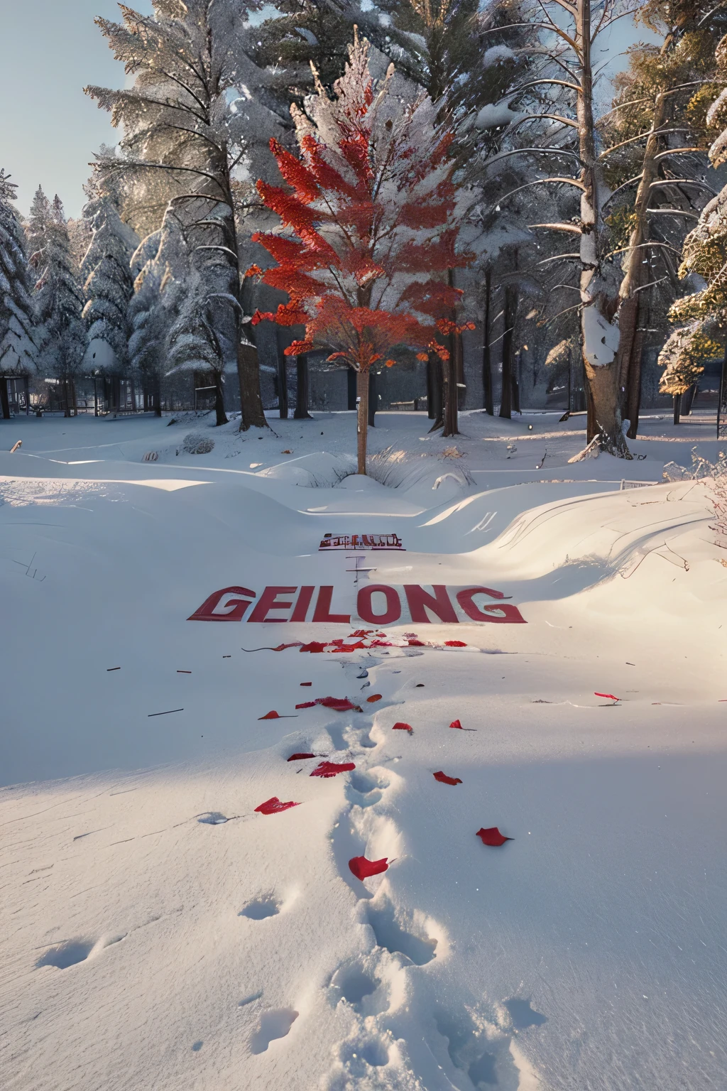 Create an image with the word 'Gleenks' scattered throughout the environment in a small, elegant way, using white and red colors.