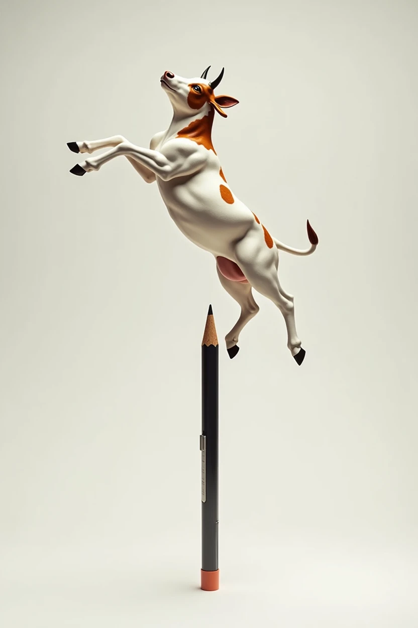 A white cow with its brown spots, in flight position on top of a pencil