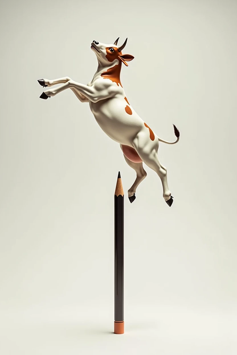 A white cow with its brown spots, in flight position on top of a pencil