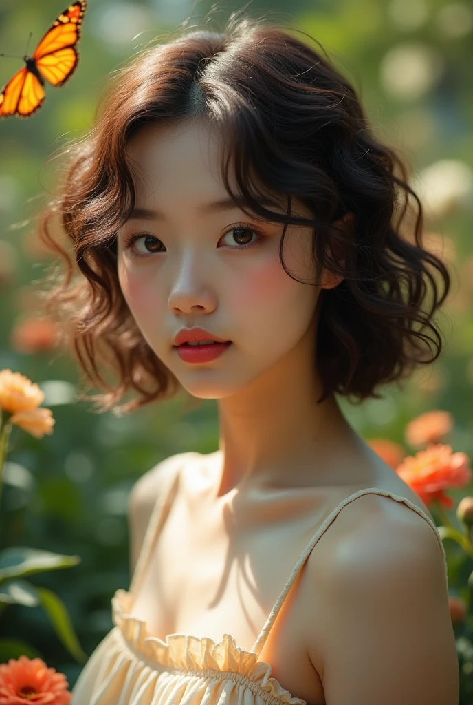 (Model shooting style), (shy), 1 person, , brown、curly、 Extremely rich faciall, Beautiful eye, [Chubby], cute, cheeks turn a little red，bright, eye, Stunning beauty, (Rembrandt Lighting), Zeiss Lenses, Surreal, (Skin with attention to detail:1.2),8k,ARRI ALEXA 35,White Promist, Dramatic Rim Light, high quality,Very delicate and beautiful, wonderful, In detail, masterpiece, Very detailed, High resolution,Best Shot, Best Shadow,Complex,Sharp focus, high quality, 1. Japanese women, alone.cute,Fuka Koshibaki Sakurai, botanical garden, Woman looking at flowers, Flowers are blooming everywhere, Lens flare,Sleeveless,Beautiful breasts,butterfly,butterflyが舞う,クールなeye,Glossy Lips,smile,Glowing Skin,Clear Skin,From above,From the waist up