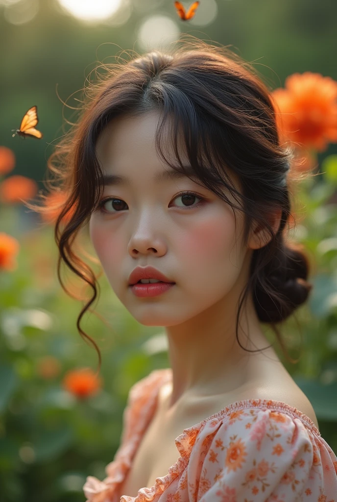 (Model shooting style), (shy), 1 person, Lonely, brown、curly、 Extremely rich facial detail, Beautiful eye, [Chubby], cute, cheeks turn a little red，bright, eye, Stunning beauty, (Rembrandt Lighting), Zeiss Lenses, Surreal, (Skin with attention to detail:1.2),8k,ARRI ALEXA 35,White Promist, Dramatic Rim Light, high quality,Very delicate and beautiful, wonderful, In detail, masterpiece, Very detailed, High resolution,Best Shot, Best Shadow,Complex,Sharp focus, high quality, 1. Japanese women, alone.cute,Fuka Koshiba,Yuki Sakurai, botanical garden, Woman looking at flowers, Flowers are blooming everywhere, Lens flare,Sleeveless,Beautiful breasts,butterfly,butterflyが舞う,クールなeye,Glossy Lips,smile,Glowing Skin,Clear Skin,From above,From the waist up