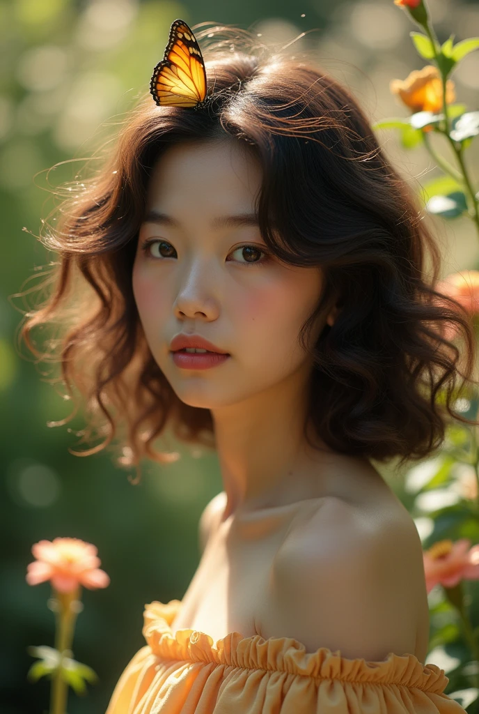 (Model shooting style), (shy), 1 person, Lonely, brown、curly、 Extremely rich facial detail, Beautiful eye, [Chubby], cute, cheeks turn a little red，bright, eye, Stunning beauty, (Rembrandt Lighting), Zeiss Lenses, Surreal, (Skin with attention to detail:1.2),8k,ARRI ALEXA 35,White Promist, Dramatic Rim Light, high quality,Very delicate and beautiful, wonderful, In detail, masterpiece, Very detailed, High resolution,Best Shot, Best Shadow,Complex,Sharp focus, high quality, 1. Japanese women, alone.cute,Fuka Koshiba,Yuki Sakurai, botanical garden, Woman looking at flowers, Flowers are blooming everywhere, Lens flare,Sleeveless,Beautiful breasts,butterfly,butterflyが舞う,クールなeye,Glossy Lips,smile,Glowing Skin,Clear Skin,From above,From the waist up