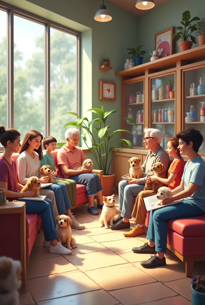 a realistic pet shop waiting room with people sitting with their pets nearby