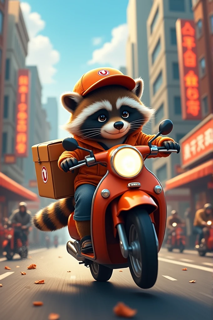 Raccoon delivering food on a delivery motorcycle