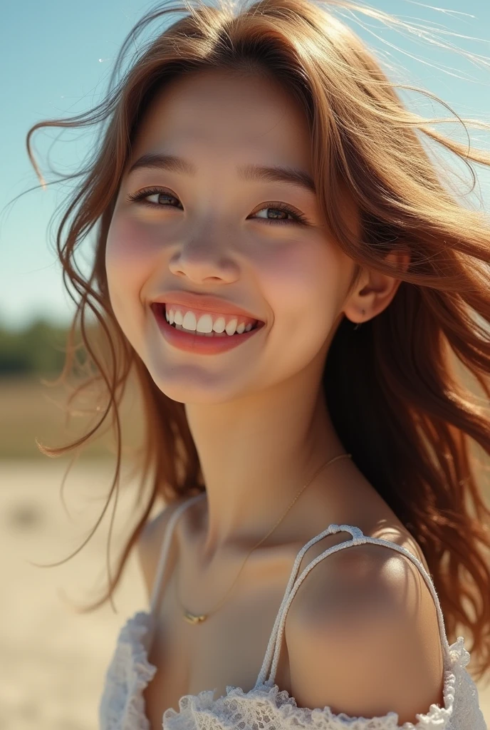 Light brown haired Thai girl from a kpop group with hair in the wind, 19 years old