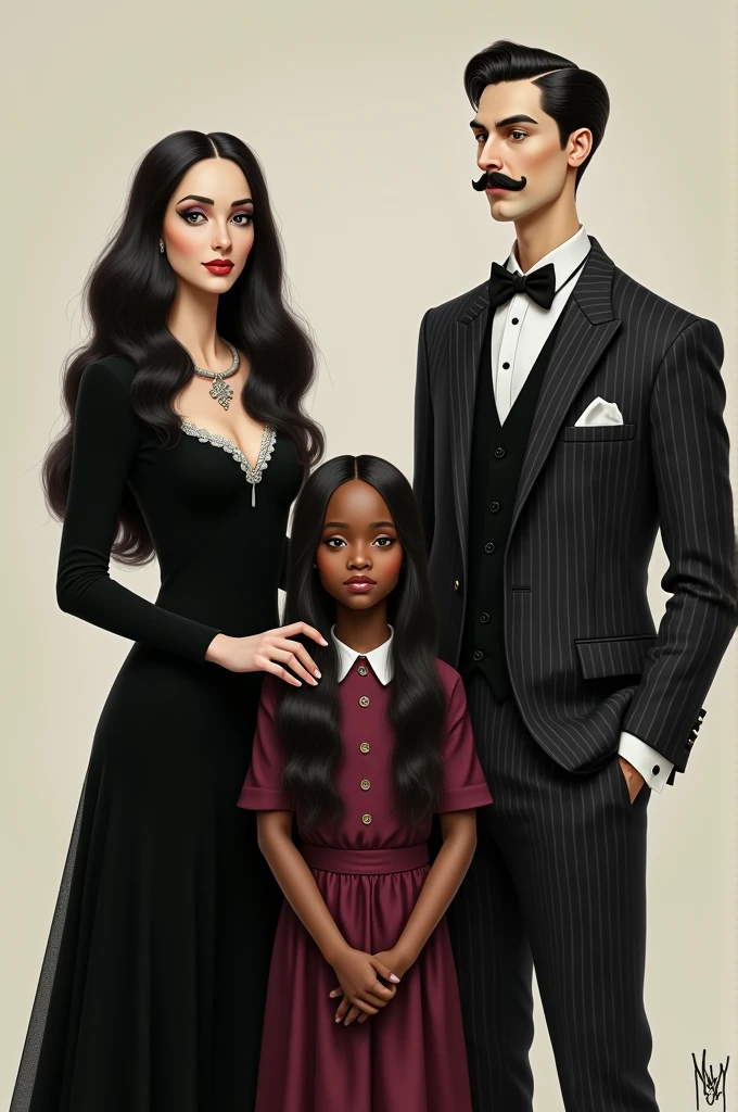 morticia, with his elegant black dress and gothic air, he is shown on the left, while Gomez, with his characteristic striped suit and mustache, is positioned on the right. Among them, A short girl, of mulatto skin and black hair down to his waist, he could be a figure representing diversity and modernity, contrasting with the classic aesthetic of the Addams family.