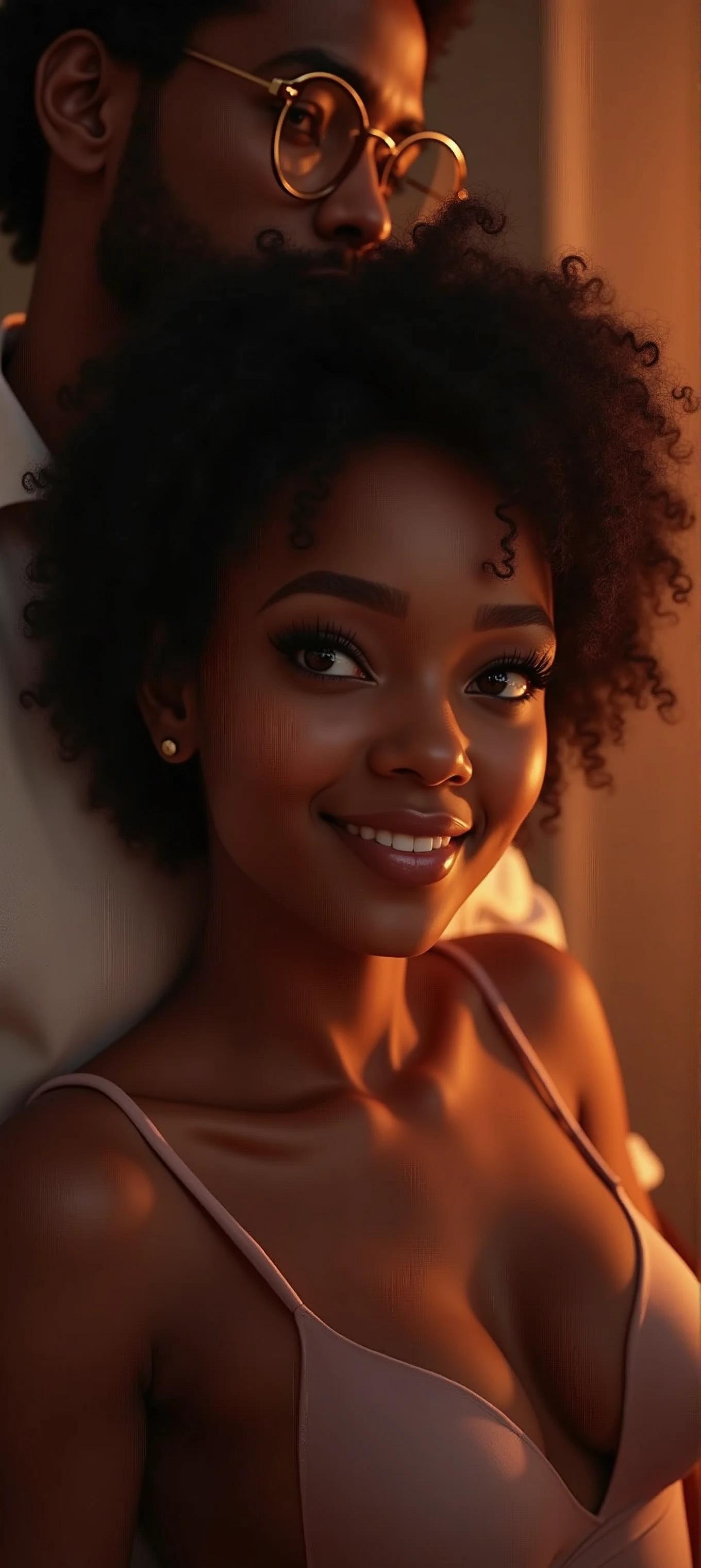 Beautiful smiling woman, sexy thick thighs, being embraced from behind by a man with short afro hair, glasses and a mole above his lip, touching her breasts and groin area, (Best Quality,4k,8k,High resolution,masterpiece:1.2),ultra detailed,(realist,photorealist,photo-realist:1.37),beautiful detailed eyes,beautiful detailed lips,extremely detailed eyes and face,long eyelashes,Beautifully detailed skin,Soft lighting,warm color palette,romantic setting,intricate details,sensual pose,Erotic,intimate,passionate