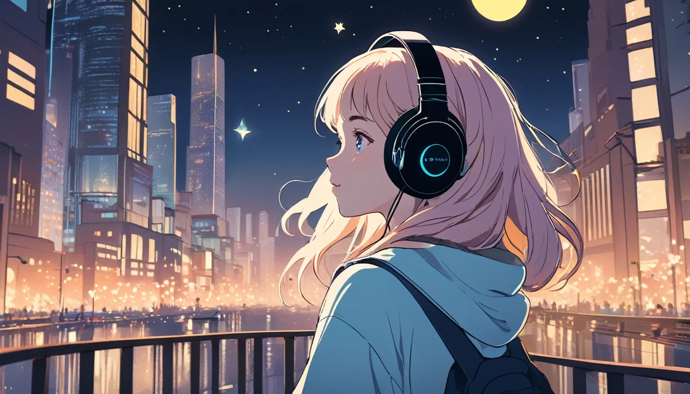 Woman wearing headphones, City of night、Wide-angle lens, Lofi Anime, Lofi illustration, Aesthetic atmosphere, Lo-Fi Style, Vector art, Flat Design, Simple shape, Warm tones, Pleasant atmosphere, Chill, In anime style, Digital drawing, Vector art, Vector logo for t-shirt printing, (Adorable:1.5), (small:1.4), (Playful:1.2), (soft:1.3), (Whimsical:1.1), masterpiece, Highest quality, 8k, Intricate details, grow, Celestial, Mysterious, Picturesque, amazing, Majestic, Magic, Fantasy art, Cover art, dream-like
