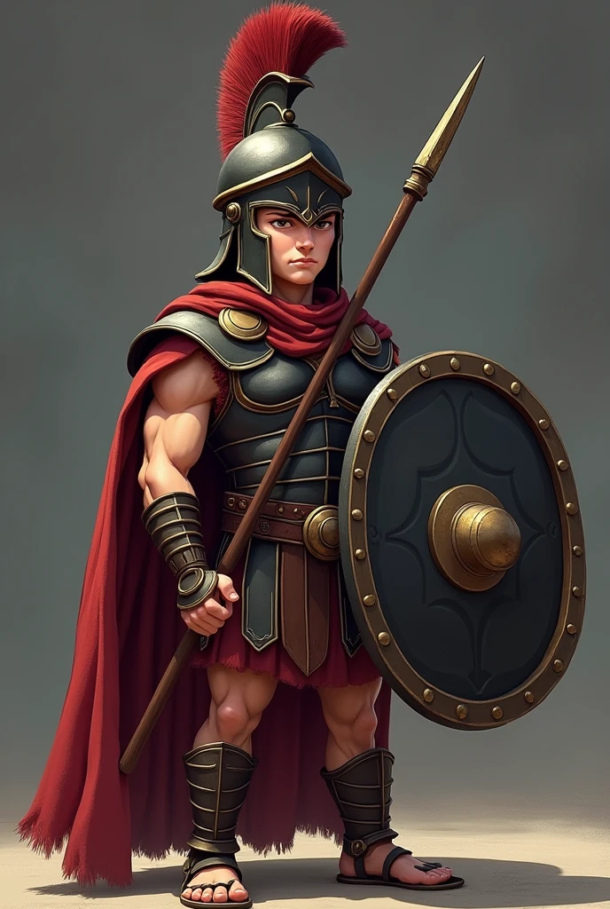 That he is covered with his shield, he has a spear, his face should be seen in black and he is a Spartan who looks like a cartoon.
He should only be seen from the torso up, and the shield should be facing the screen. 
