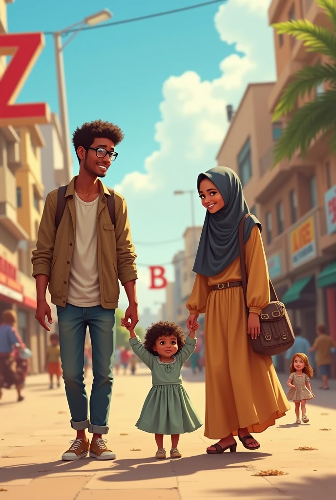 A light-skinned young man walks with his wife, who is wearing corrective glasses, in a Mauritanian city. Behind them are two large letters, the first with the letter "Z" and the second with the letter "B". .
And their little daughter plays on the ground with a doll. The wife is Muslim