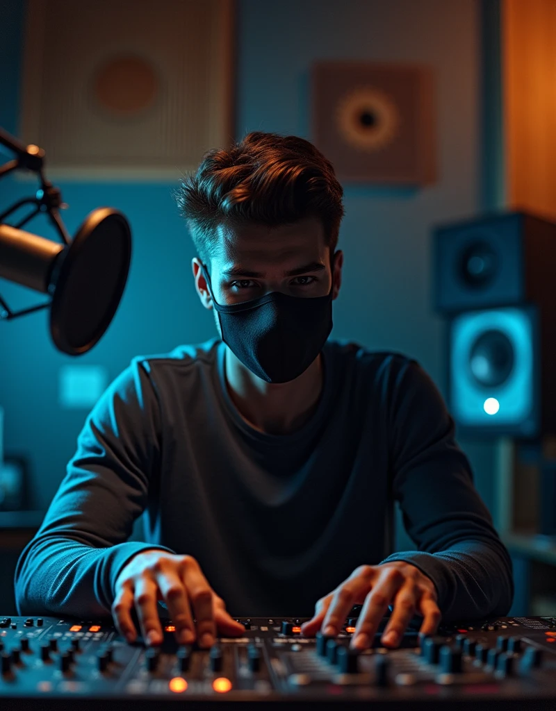 A young man voice recording in his studio with mic and his face cover the mask