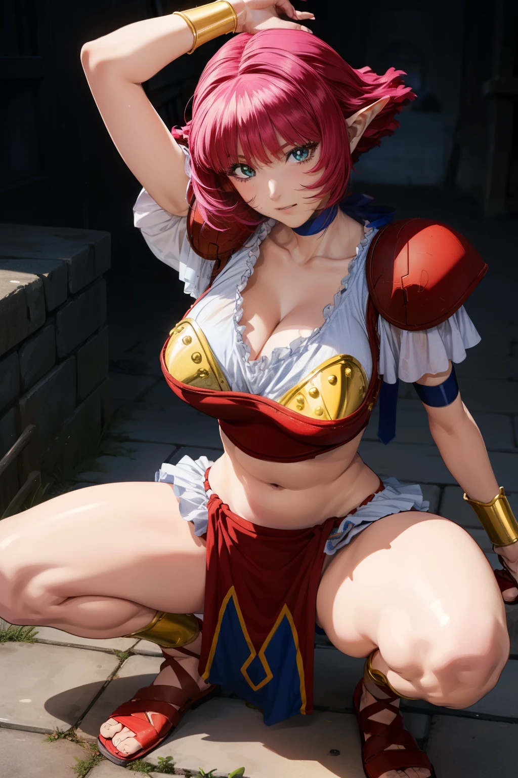 (spread legs:1.3), (squatting:1.3),(armpits:1.3),Small waist、lift up skirt、White underwear、(((calarsr, pauldrons, choker, crop top, cleavage, bracelet, armlet, pelvic curtain, anklet, sandals, shoulder armor))、Big Breasts:1.2、Random Pause、from the front、Rin々Funny face、Eyeliner、eyeliner、eyelash、Beauty、Shiny skin:1.5,Thighs、Cowboy Shot、In the dark dungeon、Dark Prison、（Battle formation against monsters、Ready your sword)