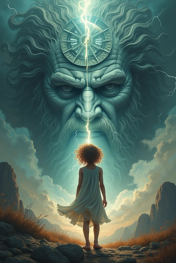 17 year old ager, curly hair, facing the time god Chronos. With a lightning bolt clock behind him