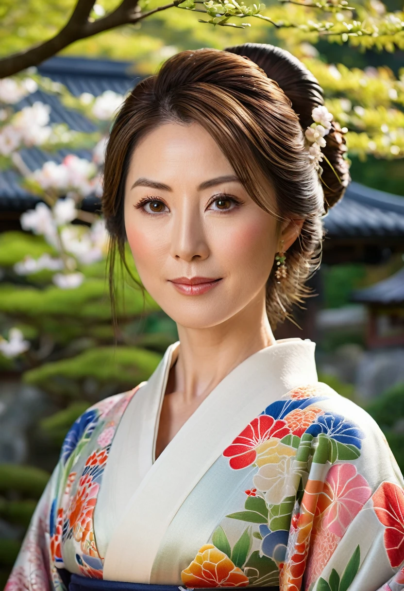 A beautiful detailed Japanese woman in her 40s, brown hair and eyes, 4'6" frame, 32A-24-32 figure, delicate facial features, serene expression, wearing a traditional kimono, standing in a lush Japanese garden landscape, natural lighting, vibrant colors, intricate patterns, photorealistic, highly detailed, 8k, award-winning digital art