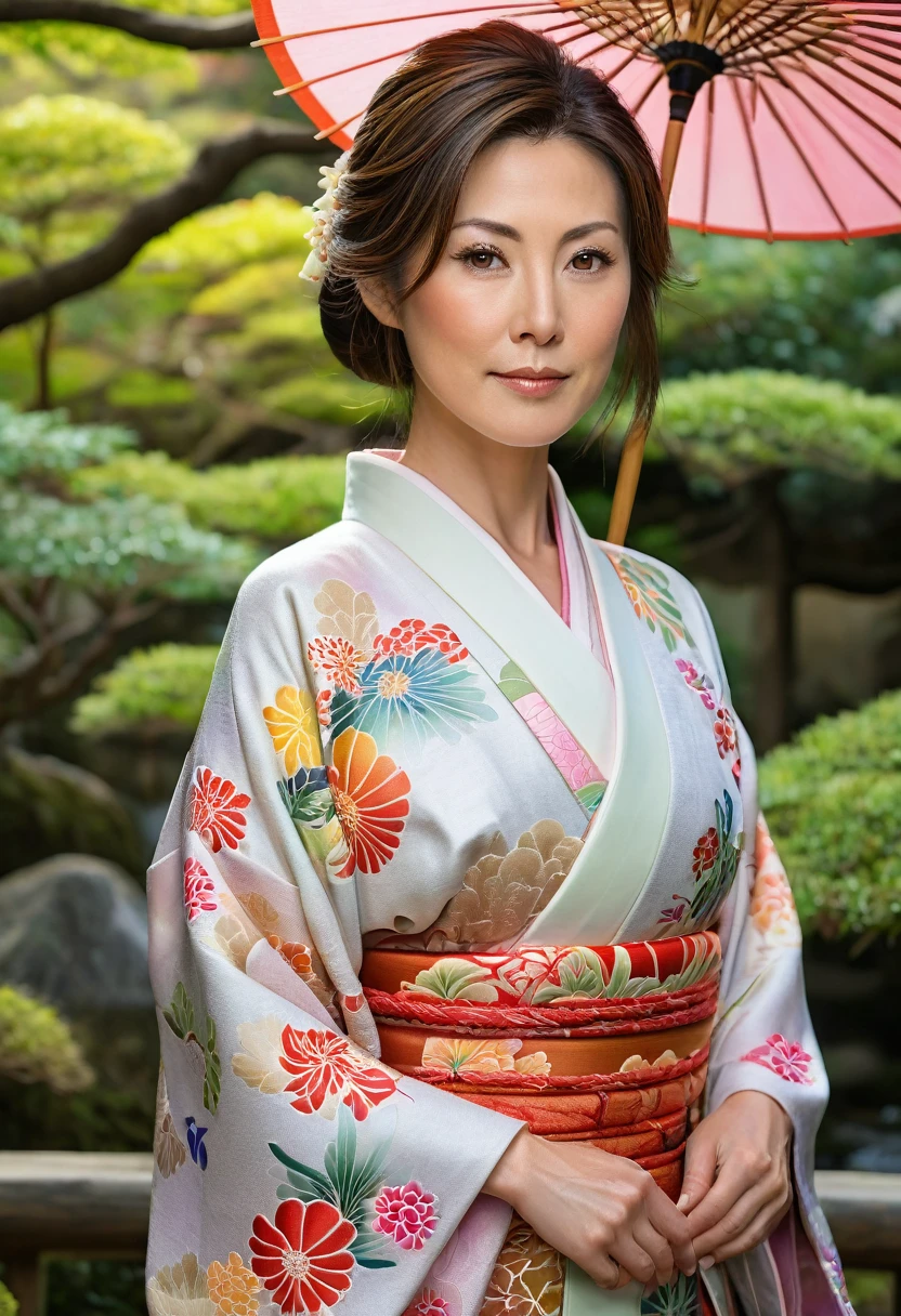 A beautiful detailed Japanese woman in her 40s, brown hair and eyes, 4'6" frame, 32A-24-32 figure, delicate facial features, serene expression, wearing a traditional kimono, standing in a lush Japanese garden landscape, natural lighting, vibrant colors, intricate patterns, photorealistic, highly detailed, 8k, award-winning digital art