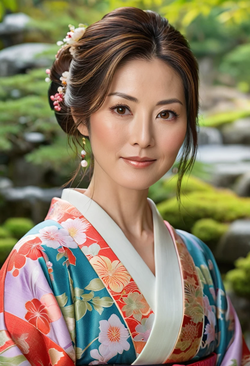 A beautiful detailed Japanese woman in her 40s, brown hair and eyes, 4'6" frame, 32A-24-32 figure, delicate facial features, serene expression, wearing a traditional kimono, standing in a lush Japanese garden landscape, natural lighting, vibrant colors, intricate patterns, photorealistic, highly detailed, 8k, award-winning digital art