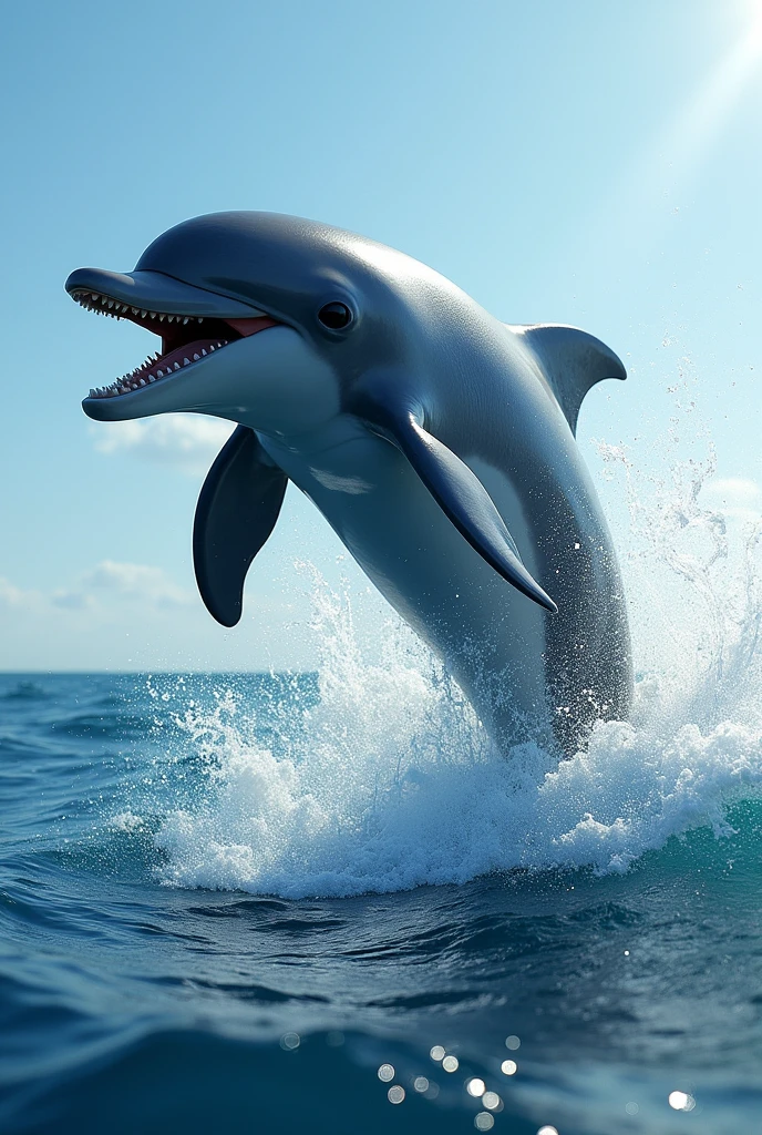 A dolphin leaping out of the ocean with its mouth open, looking to the left. 
