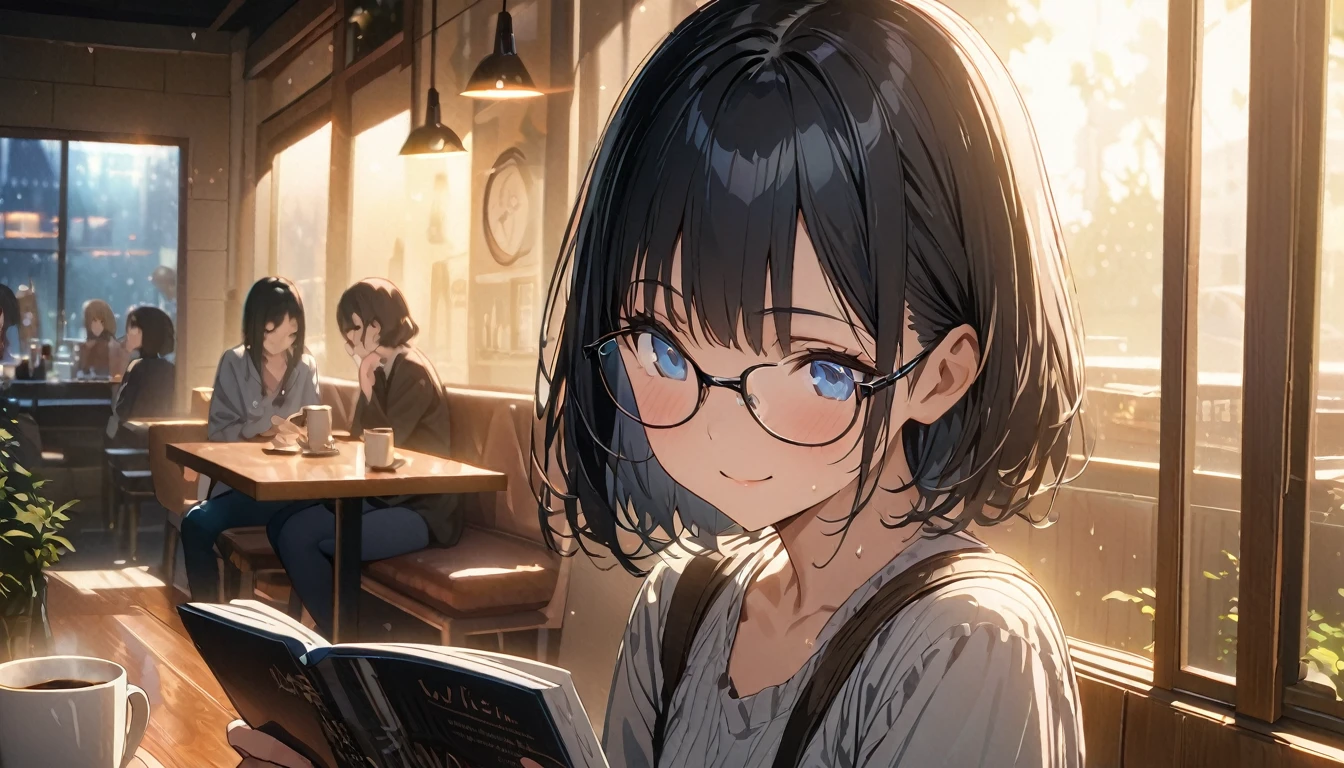 ((ultra-detailed))/(one women with short black hair and bob hair.、beautiful blue eyes,.、smile、gentle smile on her face、flat chest, one Beautiful girl,((masterpiece, illustration, best quality) ((ultra-detailed))/),「In a quiet cafe at night、Outside the window the rain is falling。The character sitting in the corner of the cafe is、Enjoying coffee while reading a book。Characters with glasses,濃い青とBeautiful Blueのグラデーション, High resolution, 8K HD detail, hyper-detail, cinematic, surrealism, soft light, deep field focus bokeh, ray tracing and surrealism. --v6