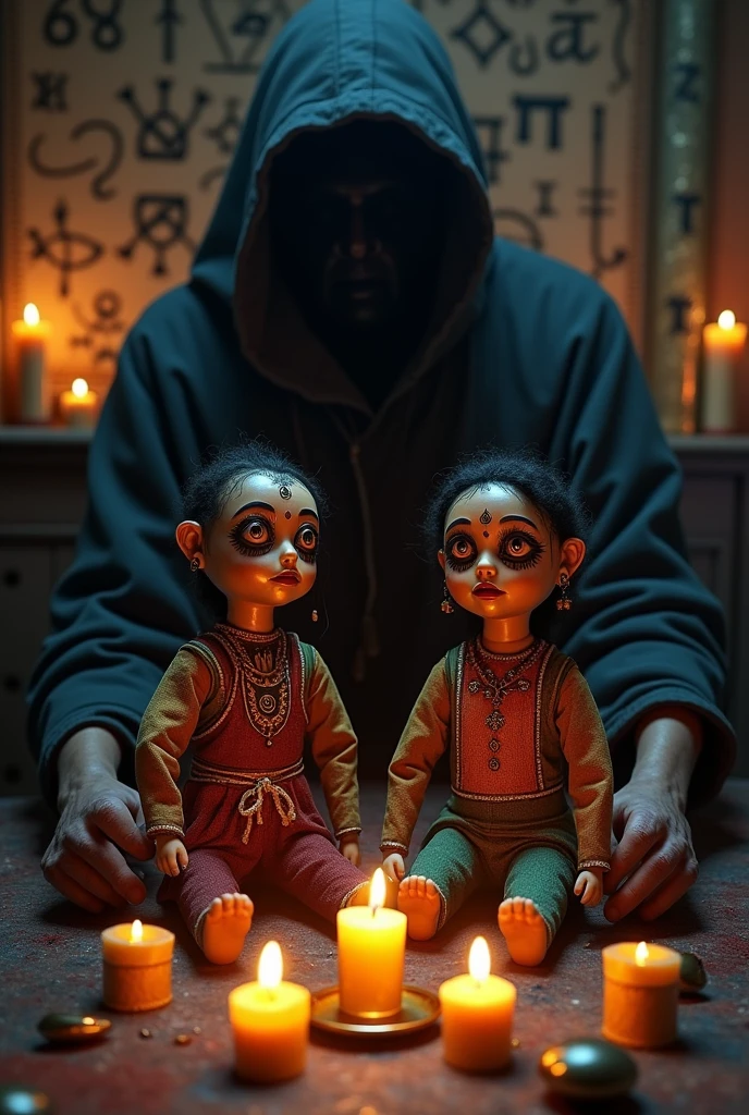 A indian black magic scene where two puppet named Adarsh & Virat as object used to subjugate them