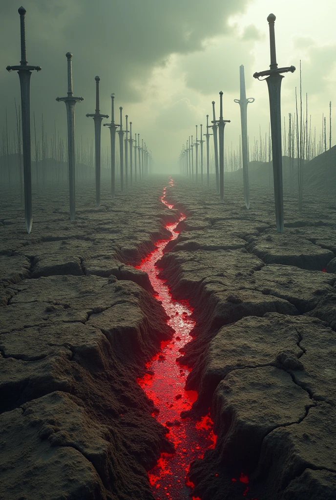 A vast, scorched plain. Many bodies, countless swords impaled into the ground. Five red fragments of a broken blade lie scattered in the middle.