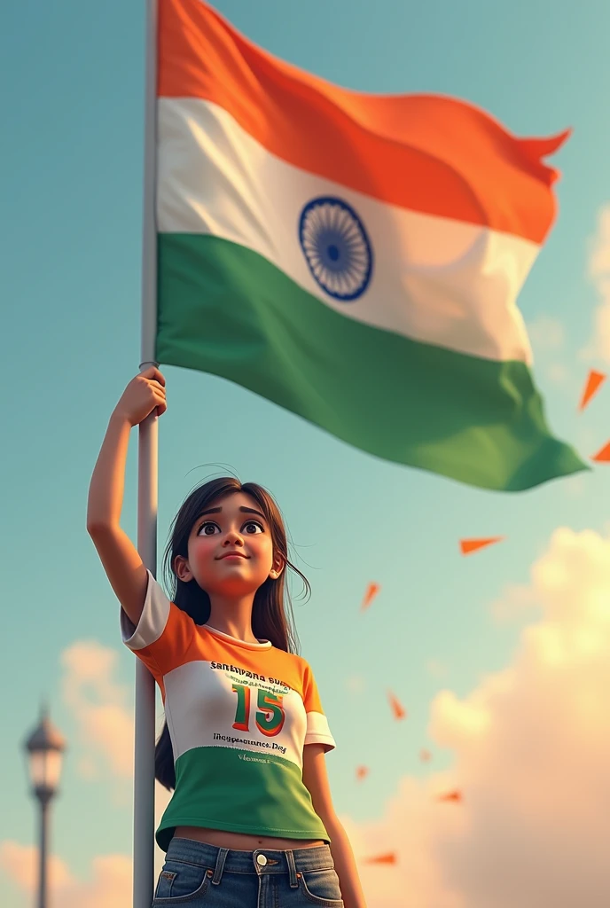 A 20 years old girl salutes the national flag of bharat and he is wearing a shirt print is like bharat flag and "santawana suman" and 15 number and independence day in small is written on it's back in big and bold fonts, 3d illustration
