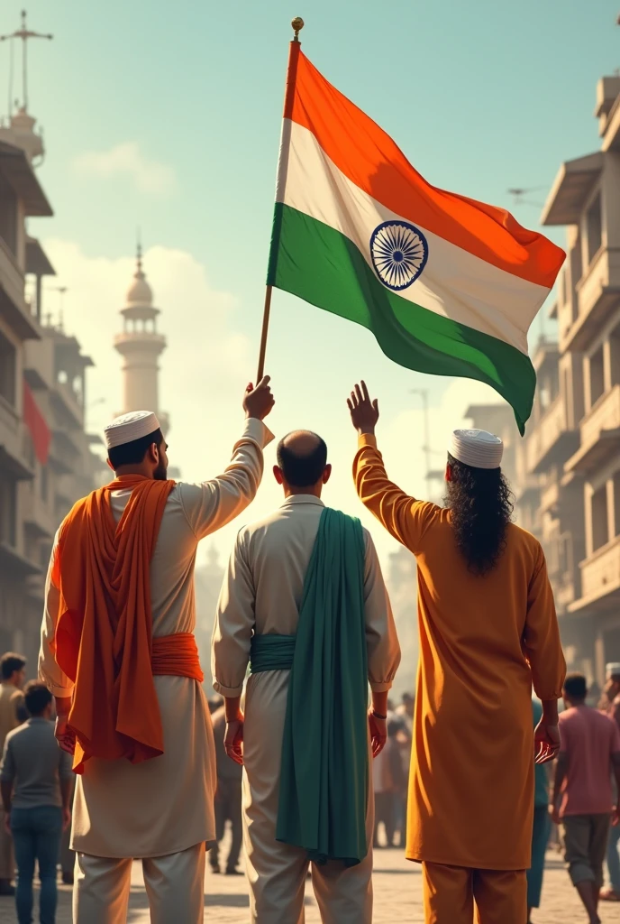 Hindu muslim Christian mens holding Indian flag together 