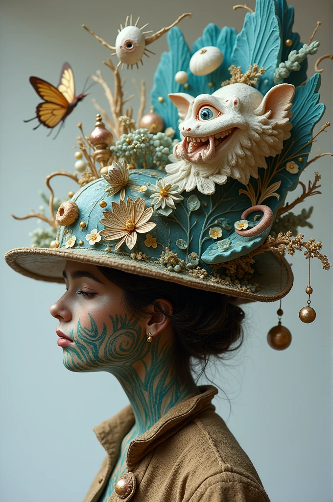 Make a picture of a creative hat idea themed on the tale of rapture, where you can show the characters and then explain the story with the hat