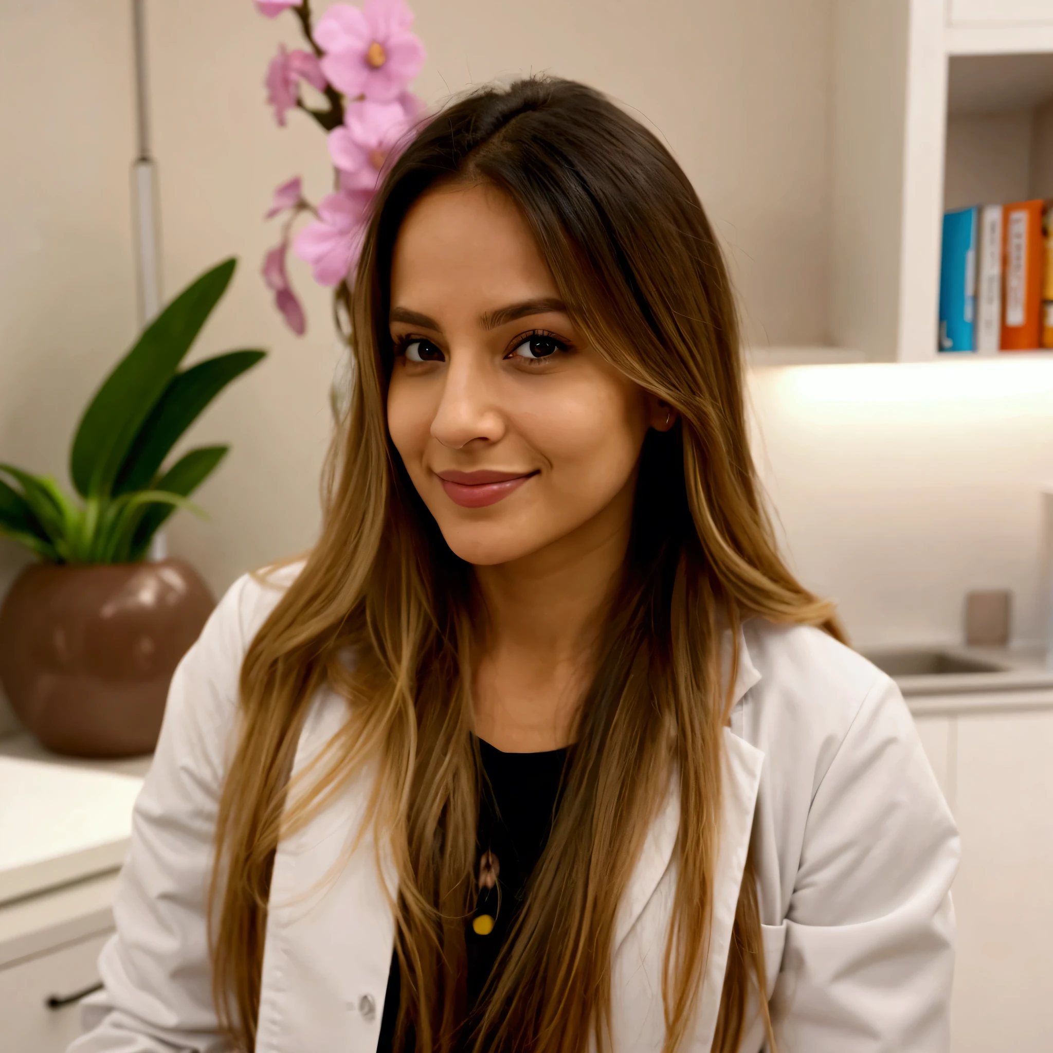 nutritionist with lab coat in her nutrition office, 28y brazilian, blond and black hair, selfie, long hair, front view, centered angle photo, portrait photo, black shirt, hidden smile.