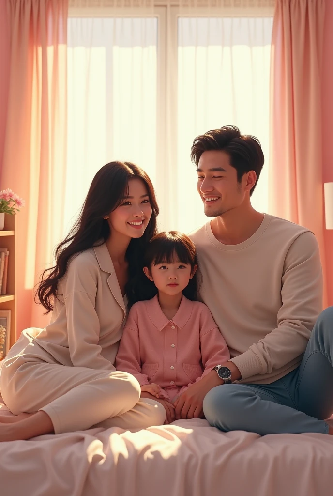 "A Korean girl with long black hair, wearing pajamas, in a bright room with light pink walls. The scene is in ridiculously high resolution, Super sharp details, With stunning 8K picture quality. The art is a true masterpiece, Realistic image shows Korean girl with her 8 daughter,brownhair, medium,in bed and his father " 1 American man in Colombia, stark, BRAÇOS starkS, 90 kg ((muscular and tall)),Youngh, graduated beard, short black cut hair, face a little Wide from a white blouse and wide black cotton pants, light brown. We are sitting down to agree