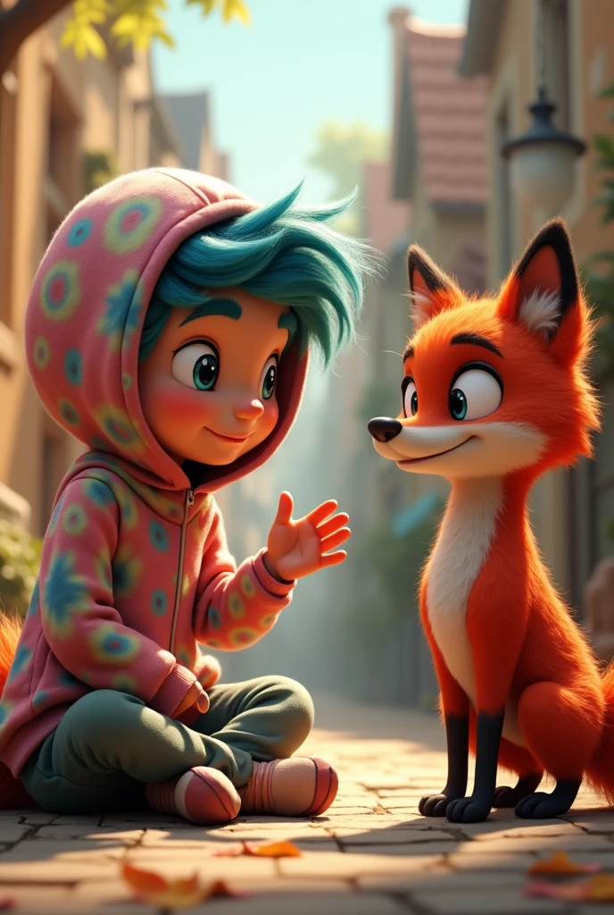 hoodie person is friends with the red fox and the mayor, the red fox is mischief, the mayor is loyal and helpful, hoodie person has tie dye hair, the mayor has a top hat , the fox talking to hoodie person