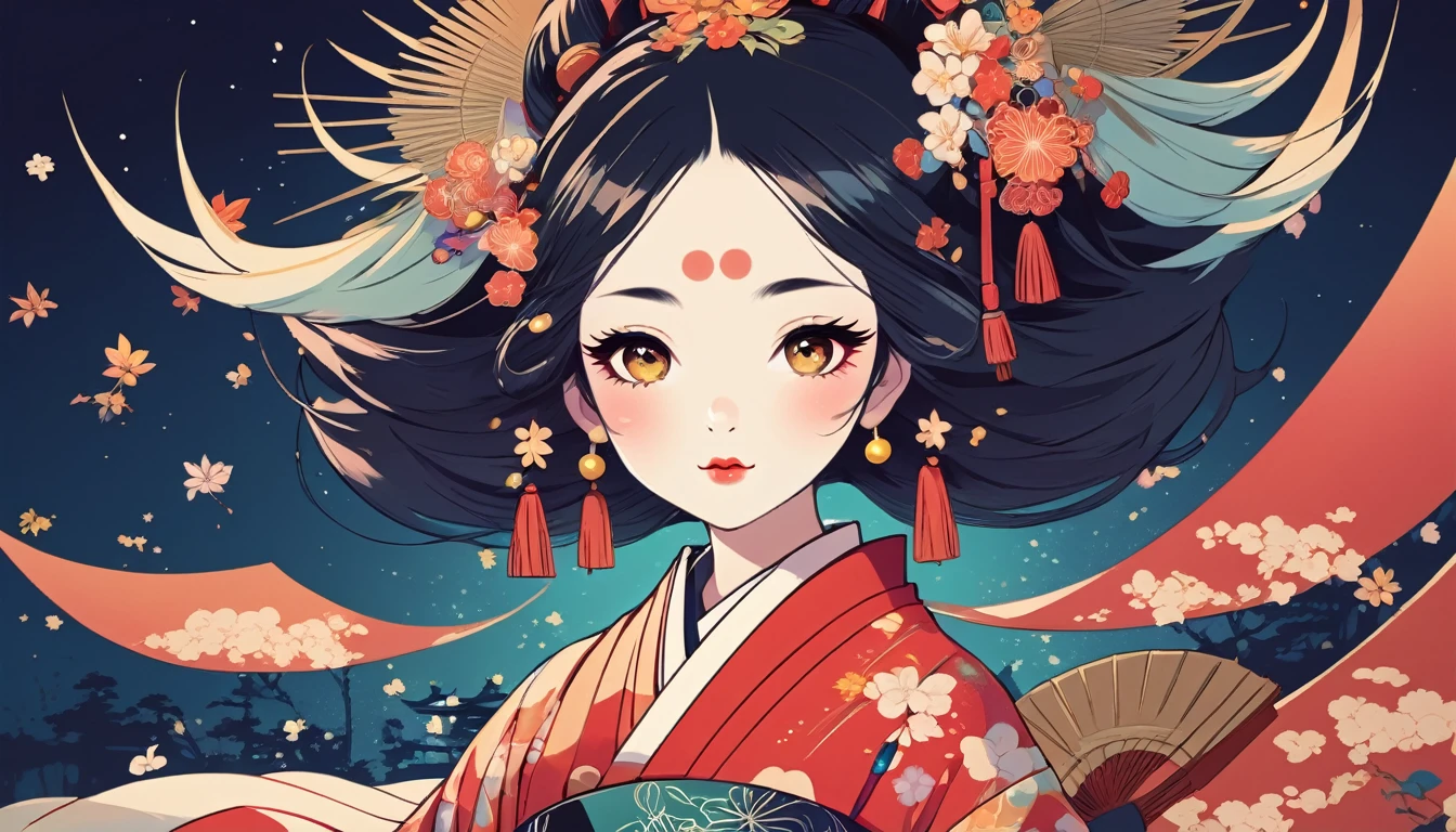 Oiran、fan、Wide-angle lens, Lofi Anime, Lofi illustration, Aesthetic atmosphere, Lo-Fi Style, Vector art, Flat Design, Simple shape, Warm tones, Pleasant atmosphere, Chill, In anime style, Digital drawing, Vector art, Vector logo for t-shirt printing, (Adorable:1.5), (small:1.4), (Playful:1.2), (soft:1.3), (Whimsical:1.1), masterpiece, Highest quality, 8k, Intricate details, grow, Celestial, Mysterious, Picturesque, amazing, Majestic, Magic, Fantasy art, Cover art, dream-like