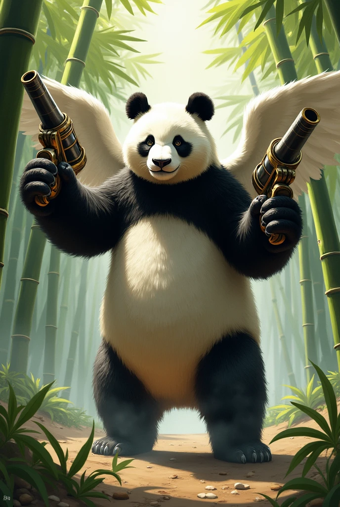 Panda with wings made of bamboo swords and cannons on its elbow