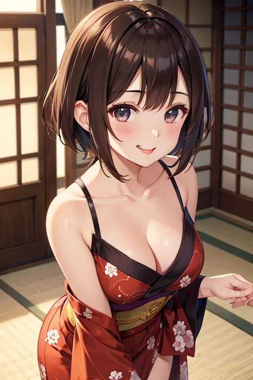 Brown hair
Short hair
Yukata
Flat chested
Cleavage emphasis
Smiling
Sticking out tongue